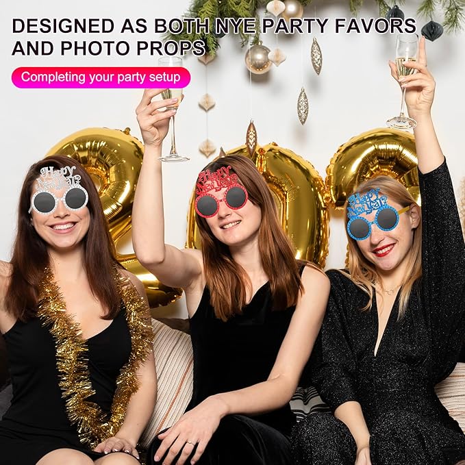 Happy New Year Metallic Glasses Shiny 2026 Party Eyeglasses for Adults & Kids Fun NYE Accessories & Photo Booth Props
