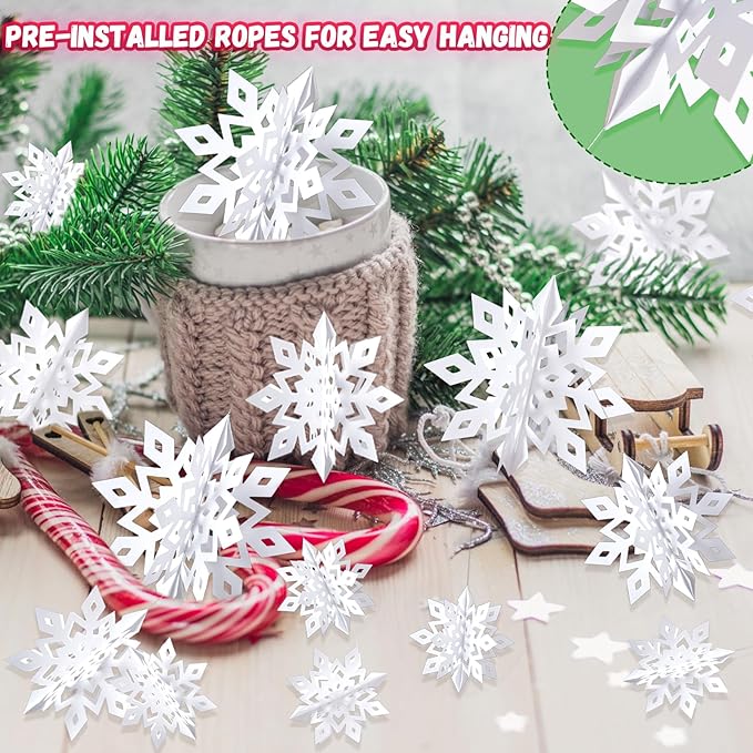 OuMuaMua Winter Christmas Snowflake Decorations Indoor, 36PCS 3D White Snowflakes Hanging Ornaments for Home Christmas Holiday Winter Wonderland New Year Party Decorations