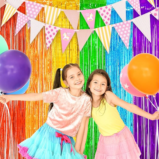 MYUPDALIN 2 Pack Rainbow Foil Fringe Curtains Decorations, Colorful Fringe Backdrop, Birthday and Dance Party Backgrounds