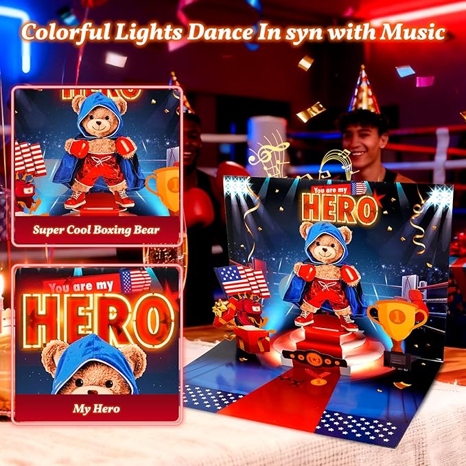 Birthday Cards with Music & Lights, 3D Pop Up Boxing Bear Hero Greeting Card, Unique Birthday Gift For Dad, Son, Father, Kids, Includes Envelope & Message Card