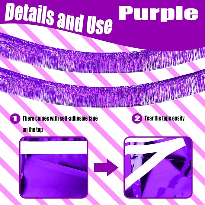 6 Pack 10 Feet Foil Fringe Garland Metallic Tinsel Streamers Banner Wall Hanging Curtain Backdrop Banner for Parade Floats, Thanksgiving, Christmas, Birthday, Halloween Party Decorations(Purple)
