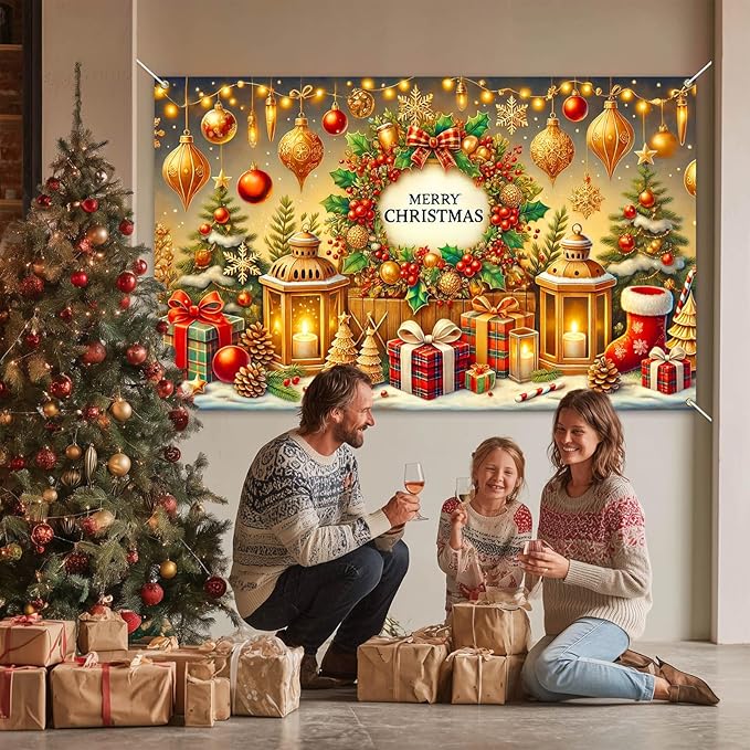 Christmas Banner 71x43 Inch Merry Christmas Backdrop Holiday Wall Decoration Festive Golden Ornaments Xmas Tree Lights Gift Boxes Party Photo Background Winter Celebration Display