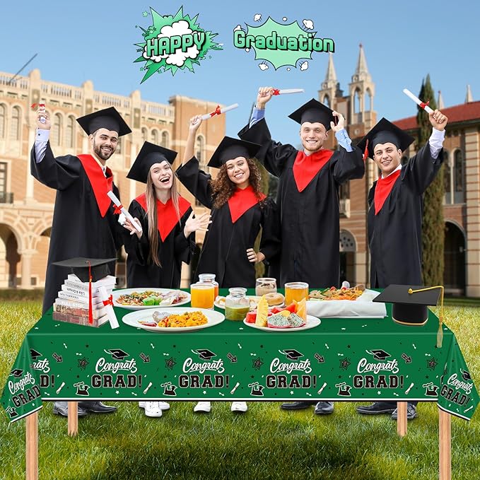 2 Pack Green Graduation Tablecloth - Congrats Grad Table Cloths, Plastic Disposable Rectangle Class of 2026 Table Cover for Graduation Tables Decorations Party Decor Supplies Favors,108 x 54 Inch