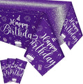 Tudomro 3 Pcs Happy Birthday Tablecloths Happy Birthday Party Decorations Plastic Table Cover Rectangular Cloths for Women Men Baby Shower Party Supplies, 108 x 54 Inch (Purple Silver)