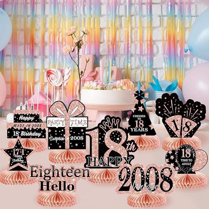 9Pcs Rose Gold Pink 18th Birthday Decorations Honeycomb Centerpieces for Girls,Happy 18th Birthday Centerpieces Tables Toppers Party Decorations Supplies,Vintage 2008 Aged Table Sign Decor