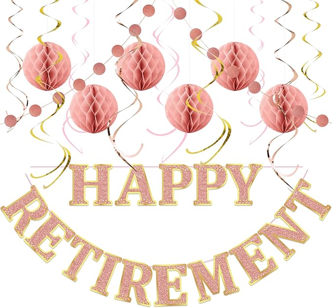 Retirement Party Decorations Kit for Women - 17-Piece Elegant Rose Gold Set with Pre-Strung Banner, Honeycomb Balls, Swirls & Garland | Instant Setup Party Decor | Retirement Gifts & Supplies