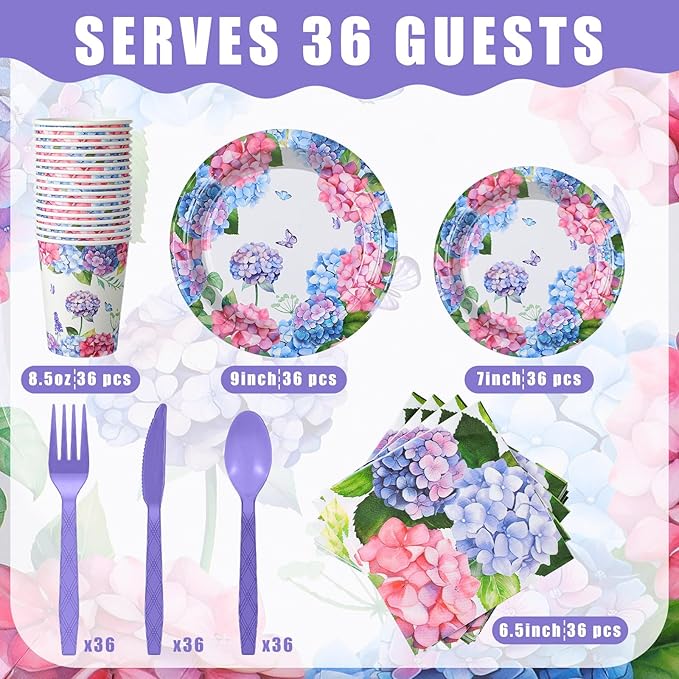 Yungyan 252 Pcs Hydrangea Plates and Napkins Set Hydrangea Flowers Party Supplies Disposable Floral Napkins Plates Cups Knives Spoons Forks for Wedding Birthday Tea Bridal Birthday Serves 36 Guests