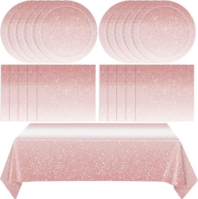 41Pcs Ombre Rose Gold Birthday Decorations,Gradient Pastel Rose Gold Party Supplies Birthday Party Disposable Paper Plates Napkins Tablecloth丨Women Girls Birthday Wedding Princess Party Decor,Serve 20