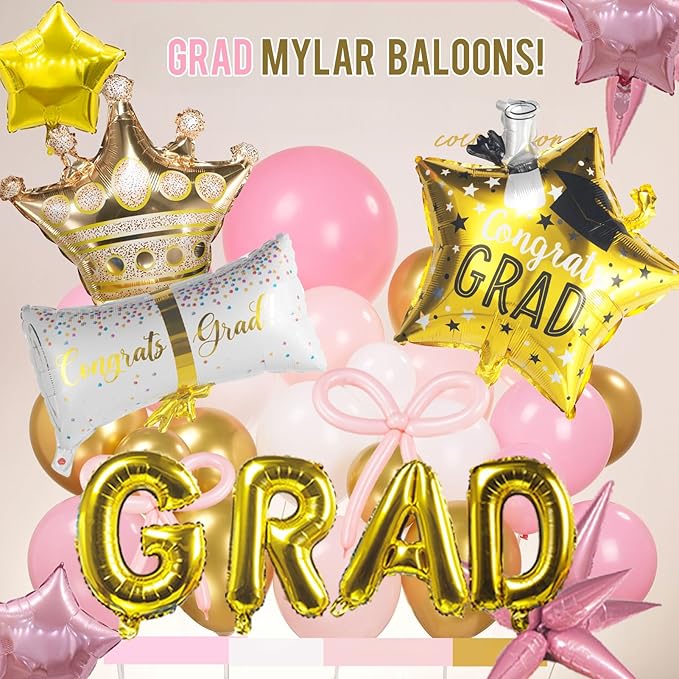 Pink White and Gold Balloon Garland Arch Kit 140Pcs with Pink and gold Stars Graduation Certificate Crown DIY bow for 2025 GRAD Prom coquette Decorations