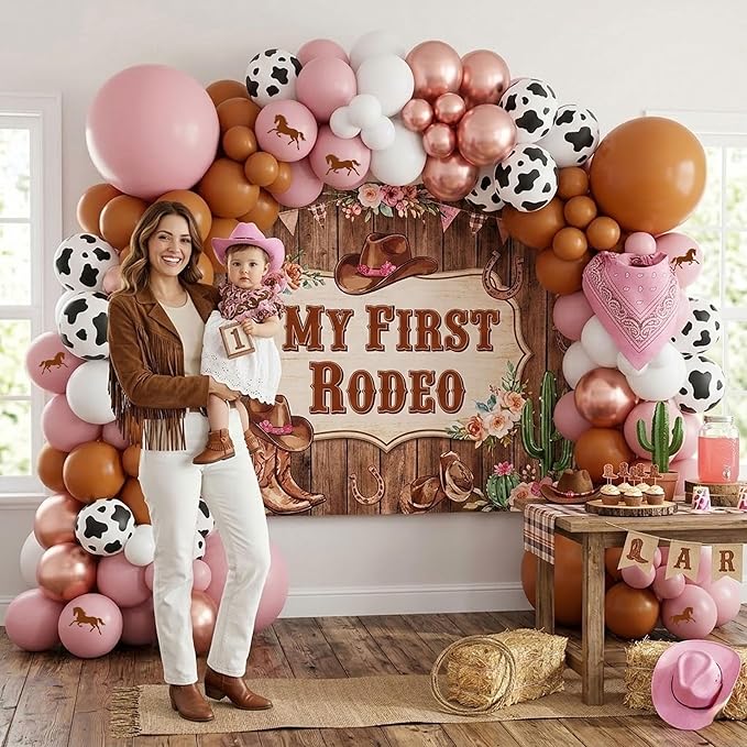 Cowgirl Balloon Arch Kit, Pastel Pink Brown White Rose Gold Balloon Garland with Cow Print and Paisley Bandana, for Rodeo Birthday Party, Western Baby Shower Decoration