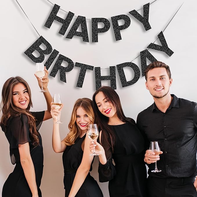 Happy Birthday Banner - 9ft Pre-Strung Happy Birthday Sign for Women, Men, Girls, Boys - No DIY Birthday Decorations & Party Supplies(Black Glitter)