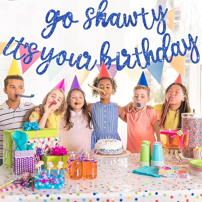 BEISHIDA Go Shawty It's Your Birthday Banner NO DIY Hip Hop Theme Happy Birthday Banner Pre-Strung Rap Theme Happy Birthday Sign for Man Women birthday Party Supply Glitter Blue