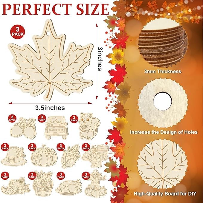 36PCS Wooden Thanksgiving Decoration Fall Ornaments to Paint Happy Thanksgiving Crafts Cutouts Unfinished, DIY Blank Fall Unfinished Turkey Maple Leaf Truck Pumpkin Ornament for Home Harvest Hanging