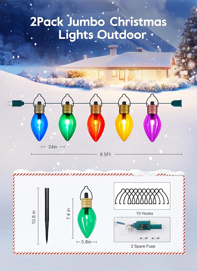 2 Pack Outdoor Christmas Decorations - Jumbo Xmas String Lights or Pathway Markers - Large Multicolored Bulbs Hanging Lights Waterproof Lawn Decoration for Holiday Home Tree Roof Yard Garden
