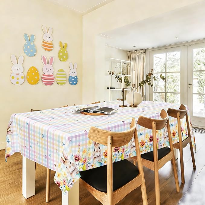 QZYL 2 Pack Easter Tablecloth Disposable, 54" x 108" Easter Decorations for Table, Plastic Table Cloths with Colorful Eggs Bunny Flower, Rectangular Spring Tablecloths for Party Decorations Supplies