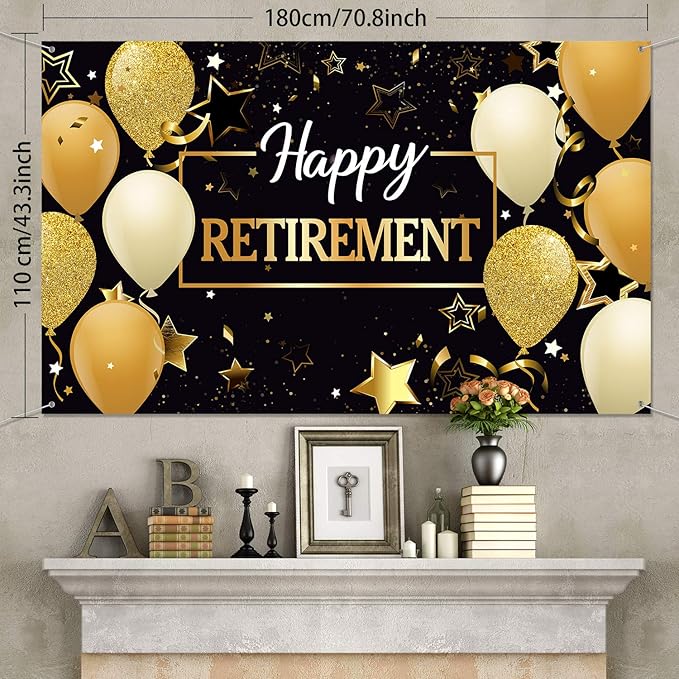 Blulu Retirement Party Decorations, Extra Large Fabric Retire Sign Banner Photo Booth Backdrop Background with Rope for Retirement Party Favor(70.8 x 43.3 Inch,Black and Gold)