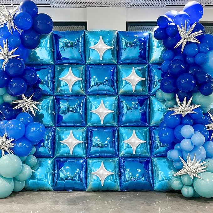 32PCS Navy Blue Light Blue Square Foil Balloons Wall with Silver Star Foil Balloon, Double Sided Metallic Blue Silver Balloon Backdrop Tunnel Arch for Under the Sea Ocean Birthday Graduate Baby Shower