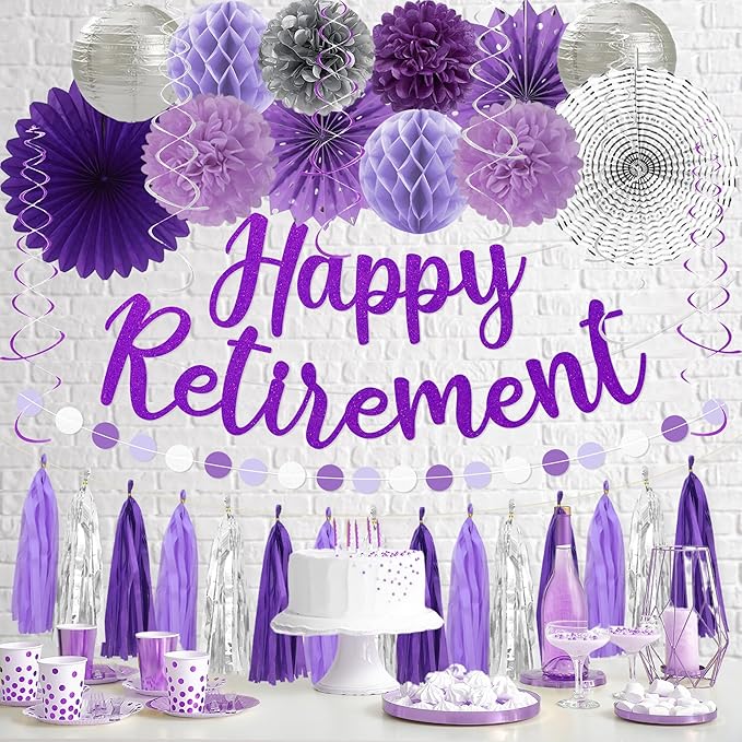 Roetyce Retirement Party Decorations Women, Purlpe Glitter Happy Retirement Banner Paper Fans Pompoms Kit, Office Retired Party Supplies for Coworker Friends, Funny Legend Has Retired Photo Backdrop