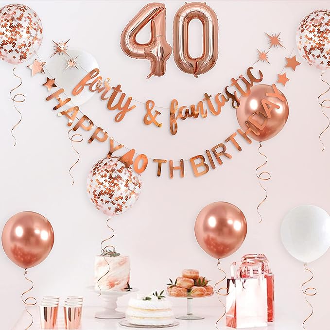 Rose Gold 40th Birthday Decorations for Women Forty & Fantastic Happy 40th Birthday Banner Garland Foil Balloon 40 for Womens 40 and Fabulous Cheers to 40 Years Old Birthday Party Supplies Backdrop
