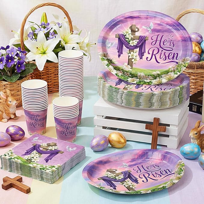 Vesici 150 Pcs Easter Cross Paper Plates and Napkins Set-serves 50, 10'' x 12'' Large Bunny Flower Tableware Disposable Purple Cross Paper Plates Cups Napkins for Spring Easter Birthday Party Supplies