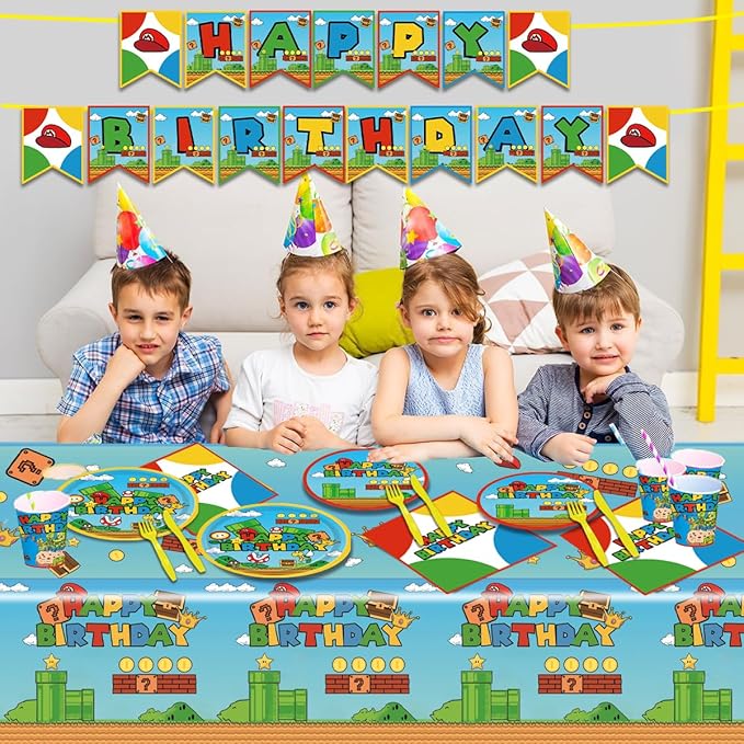 122Pcs Disposable Tableware Fits for Super Bros Party Supplies Table Decoration Kit for 20-Guests Includes Banner, Tableloth, Plates, Cups, Napkins, Forks and Knives
