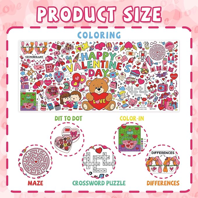 Valentine's Day Activity Poster - Large 31.5x72 Inch Coloring Table Cover for Holiday Party, School Classroom Decor, Crafts & Family Fun