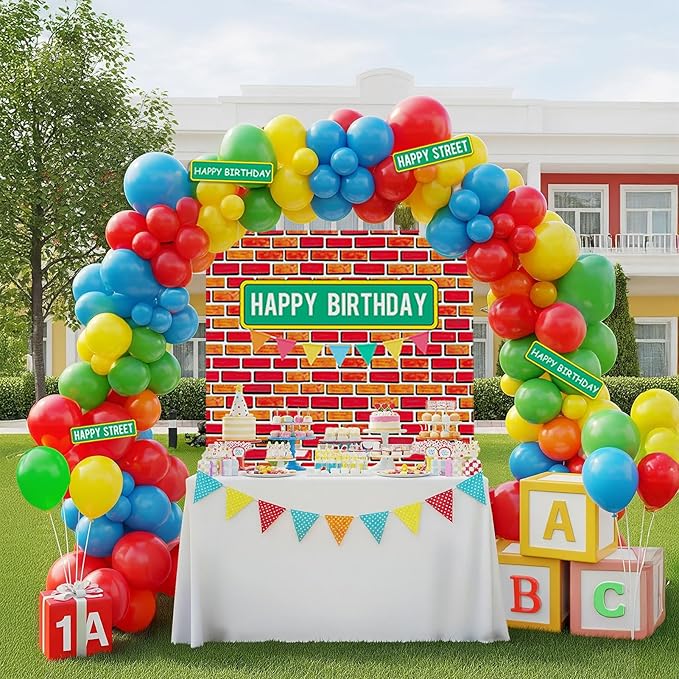Sesame Friends Birthday Party decorations 140Pcs Cartoon Theme primary color Balloon Garland Kit with red brick wall Backdrop and birthday sticker for Boys Girls Sesame Theme kids Party supplies