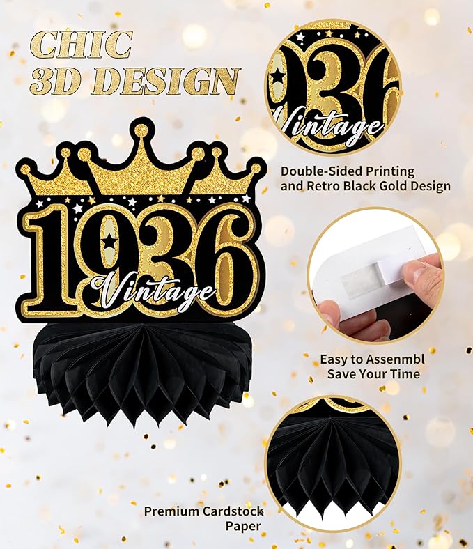 9 Pcs 90th Birthday Decoration for Men Women 90th birthday Centerpieces for Tables Decorations Cheers to 90 Years 1936 Birthday Honeycomb Table Topper Black and Gold 90th Birthday Party Favors