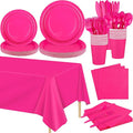 Kochorie 169 Pieces Hot Pink Party Supplies Disposable Dinnerware Set Include Plates and Cups Napkins Plastic Forks Knives Spoons Tablecloth for Wedding Birthday Party Decorations, Serve 24 Guests