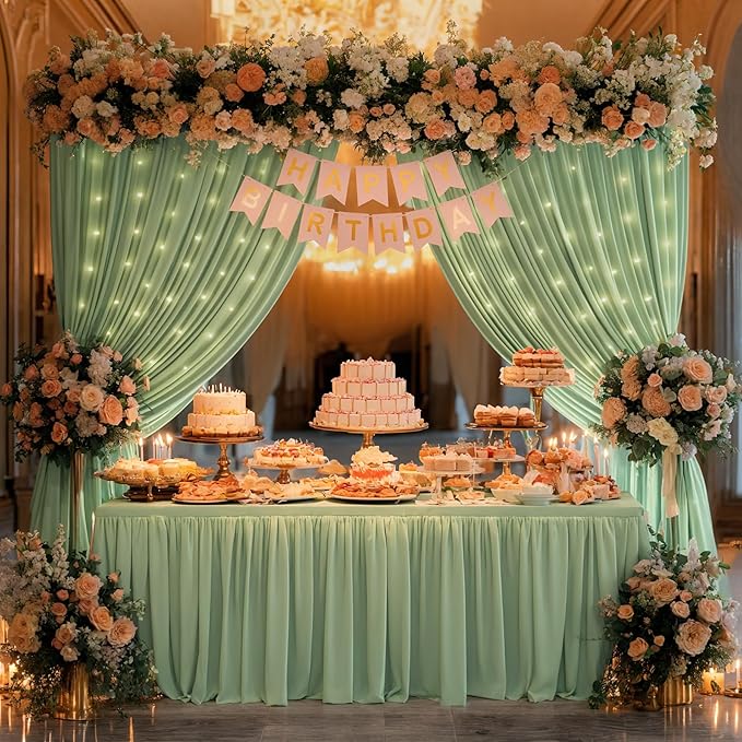 Sage Green Backdrop Curtains with Lights,10x10FT Wrinkle Free Photo Curtains Backdrop Drapes Fabric for Baby Shower Birthday Ceremony Reception Home Party Decorations-5ft x 10ft,2 Panels