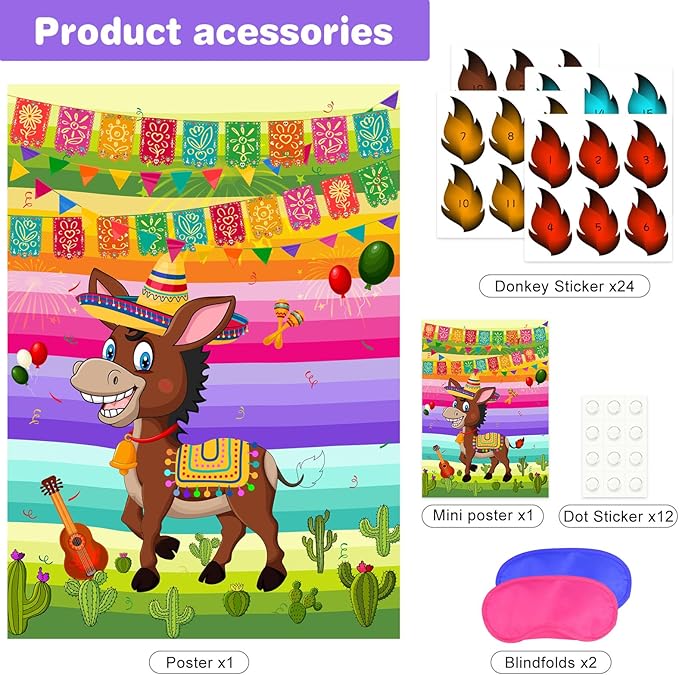 NEBURORA Pin The Tail on The Donkey Mexican Donkey Game with 24Pcs Tails Cinco De Mayo Party Mexican Party Fiesta Themed Taco Party Decorations Kids Birthday Supplies