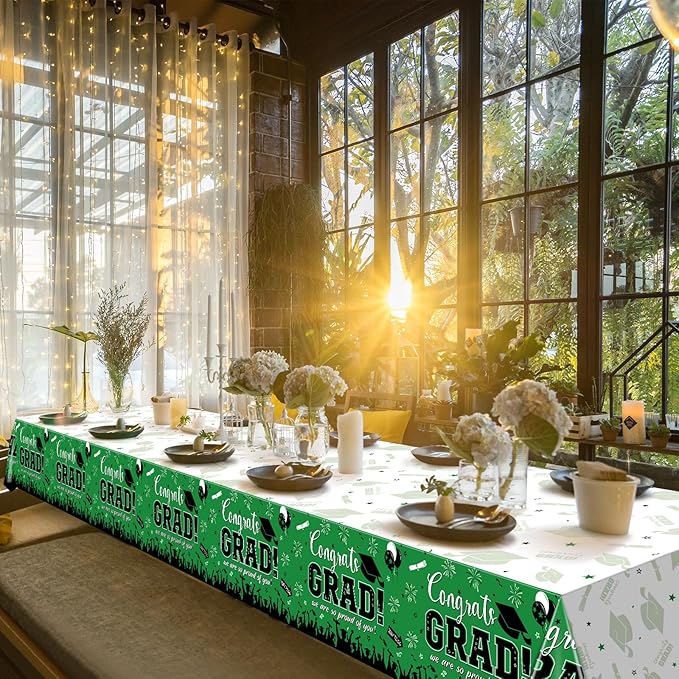 12Pack Graduation Tablecloth Party Decorations, Class of 2026 Congrats Grad Plastic Tablecover Party Supplies, Green Rectangle Graduation Table Decorations for College High School Party, 54 x 108 Inch
