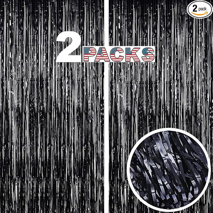 LILF Black Foil Fringe Party Backdrop - 6.5x6.5ft, Pack of 2 | Metallic Black Tinsel Streamers for Birthday, Graduation Parties Decoration
