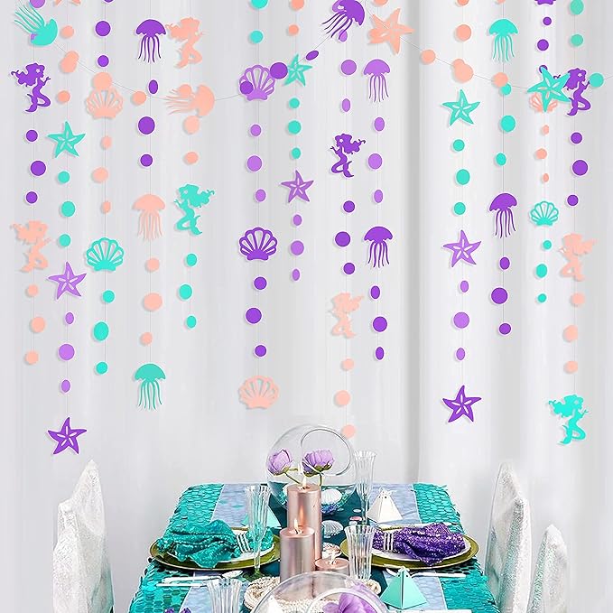 52 Ft Mermaid Party Decorations Purple Teal Coral Garland with Jellyfish Seashell Starfish Pearl Lavender Aqua Paper Streamer for Under The Sea Little Mermaid Theme Birthday Bachelorette Baby Shower