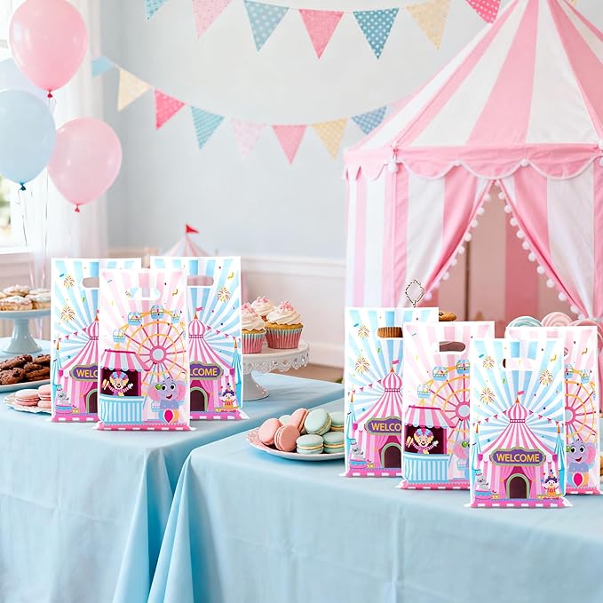 Circus Carnival Party Favor Bag 50Pcs Pink Circus Goody Candy Treat Gifts Bags, Pink Carnival Theme Party Decorations for Kids Birthday Baby Shower New Year Gathering Events Supplies