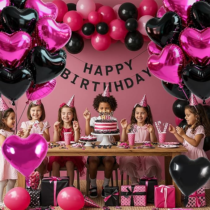 TONIFUL 30Pcs 18 Inch Black Hot Pink Balloons Black Rose Pink Heart Shape Foil Mylar Banners Decoration for Birthday Valentine's Day Wedding Bridal Shower Anniversary Engagement Party Supplies