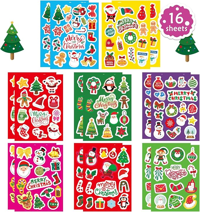 Christmas Stickers for Kids, Merry Christmas Theme Stickers Non-Repeating, Xmas Winter Holiday Party Favor, Stocking Stuffer for Kids, Xmas Gifts Decorations