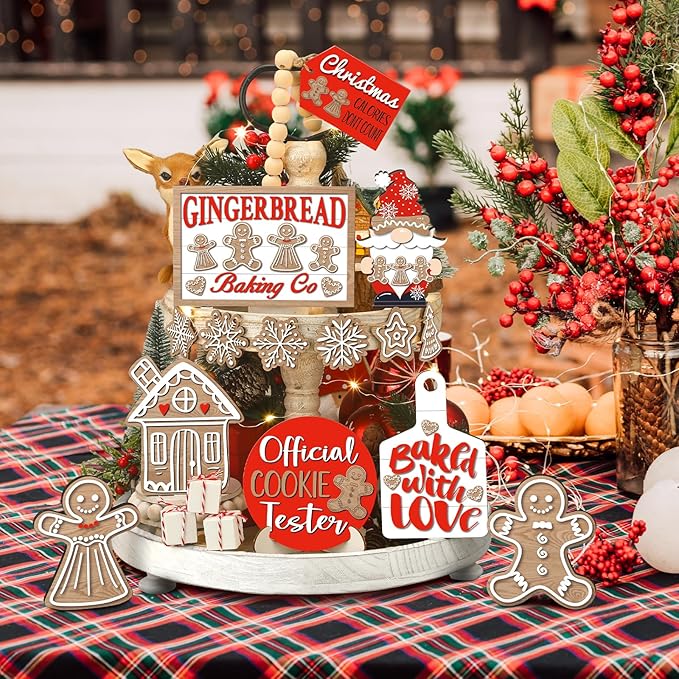 15 Pcs Christmas Tiered Tray Decor Christmas Gingerbread Wooden Signs Farmhouse Xmas Tiered Tray Decorations Set Gingerbread Wood Table Decor for Xmas Winter Holiday Kitchen Home