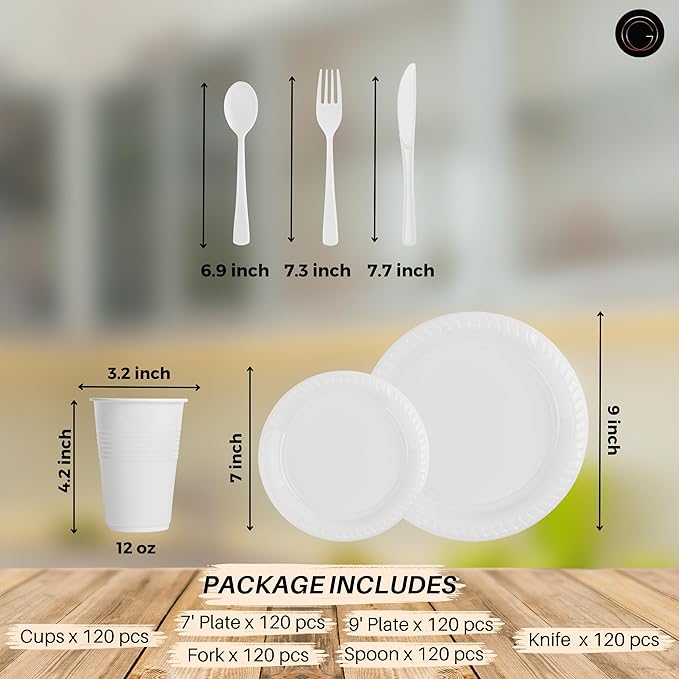 Grandipity 720 Piece White Disposable Dinnerware Set, Plastic Dinnerware Set Includes 120 Count 9' Dinner Plates, 7' Dessert Plates, 12oz Cups, Forks, Knives & Spoons