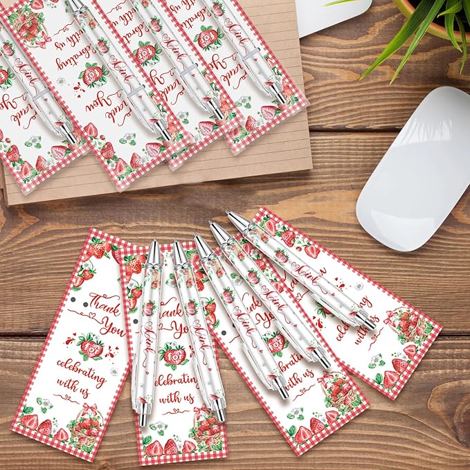 50 Pcs Strawberry Baby Shower Ballpoint Pens Favors Bulk,Baby Shower Gifts for Guest Prizes Neutral Gender Reveal Includes 50 Rolling Paper Pens and 50 Greeting Cards Souvenirs (Strawberry)