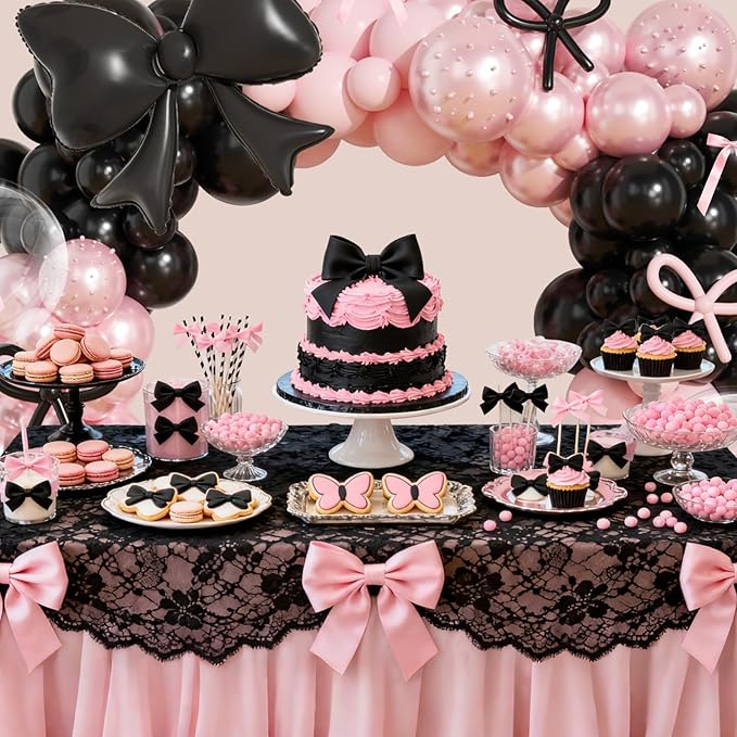 Pink and Black Balloons Arch Kit,189Pcs Pink and Black Birthday Party Decorations with Bow Foil Double Stuffed Pearl Pink Balloons Ribbon Pearl Stickers for Birthday Bachelor Bridal Baby Shower