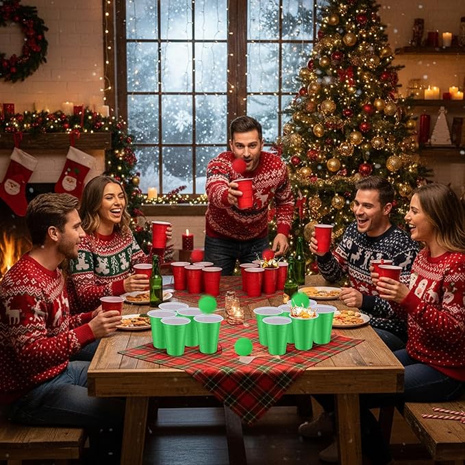 32 Pcs Christmas Party Game Set Include 16oz Red Green Plastic Cups with 8 Balls, Beer Cups for Xmas Holiday House Party Favor Birthday BBQ Outdoor Toss Game Supplies