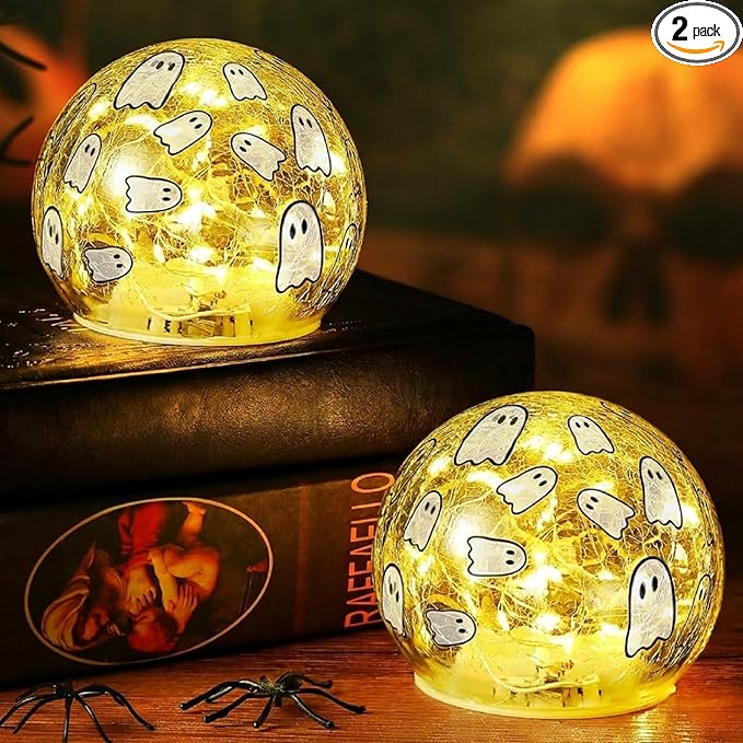 2 Pcs Halloween Decorations Indoor 4" Ghost Crackle Glass Globe Ball Lamp Night Lights with LED Timer Battery Operated Lighted Decorative Tabletop Decor for Table Home Centerpiece Party Gift