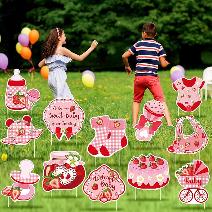 Amyhill 12 Pcs Strawberry First Birthday Yard Signs with Stakes Outdoor Strawberry Garden Decorations Waterproof Outdoor Decoration for Baby Shower Patio Lawn Walkway Birthday Party Decorations