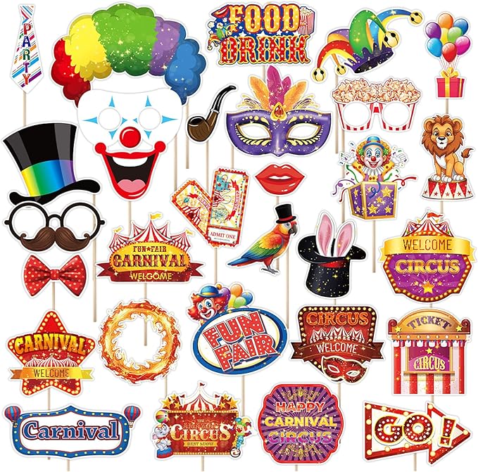 30 Pieces Carnival Photo Booth Props Funny Circus Carnival Photobooth Props Carnival Theme Party Decorations for Birthday Christmas New Year School Party