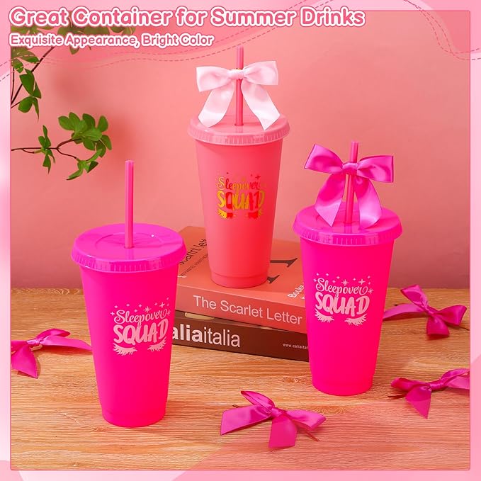 12 Pcs Sleepover Party Cups with Lids Straws and Bows 24 oz Plastic Coffee Tumbler for Spa Birthday Sleepover Party Supplies Girls