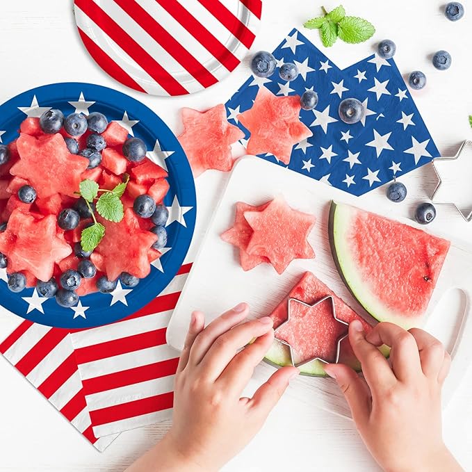 4th of July American Flag Patriotic Party Supplies Disposable Paper Plates Napkins Cocktail Napkins Cups Tablecloth and Banner for Election Day 4th of July Independence Day Decorations, Serve 25