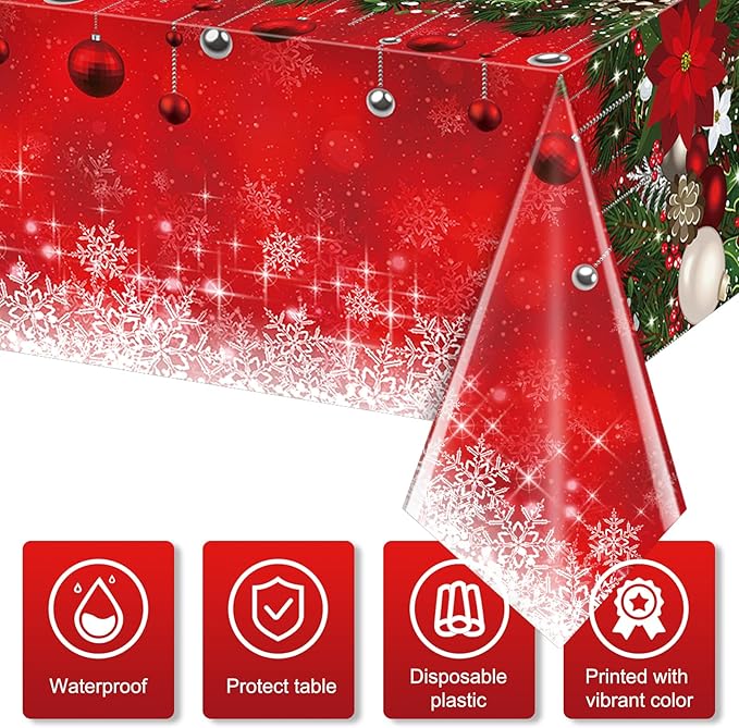 Jectivs 3Pieces Merry Christmas Tablecloth Plastic Christmas Tree Ball Table Cover Rectangle Winter Snowflake Tablecloth for Merry Christmas Holiday New Year Eve Party Decorations Supplies,54x108inch