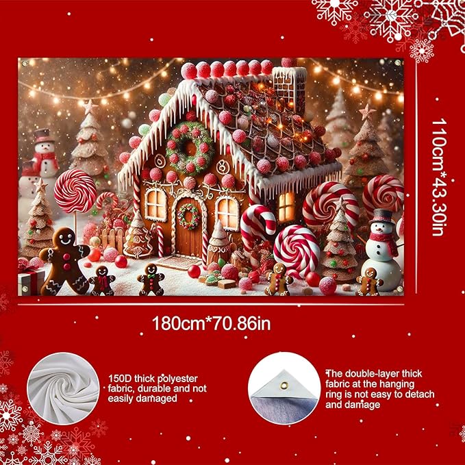 Winter Door Banner Backdrop Christmas Gingerbread House Banner Candy Cane Lollipop Tree Snowman Backdrop Holiday Sweet Wonderland Scene 71x43 inch Party Wall Decoration