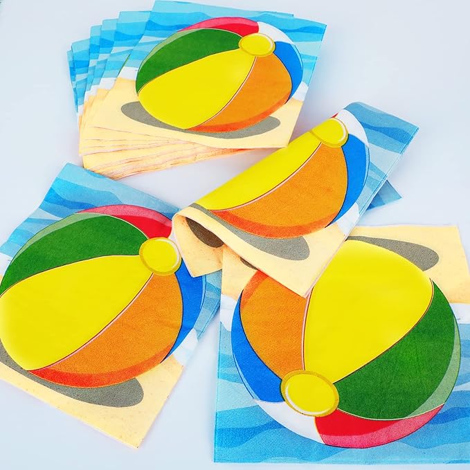 50pcs Beach Ball Party Napkins Disposable Summer Pool Ball Paper Napkins Supplies Decorations Beach Birthday Party Napkins Set for Baby Showers Holidays
